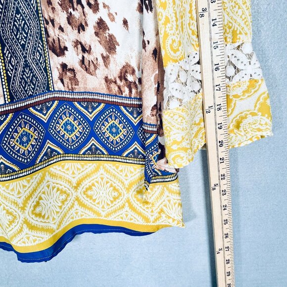 Figueroa Flower Top Womens S Yellow Stretch Leopard Print Blouse - Picture 11 of 12